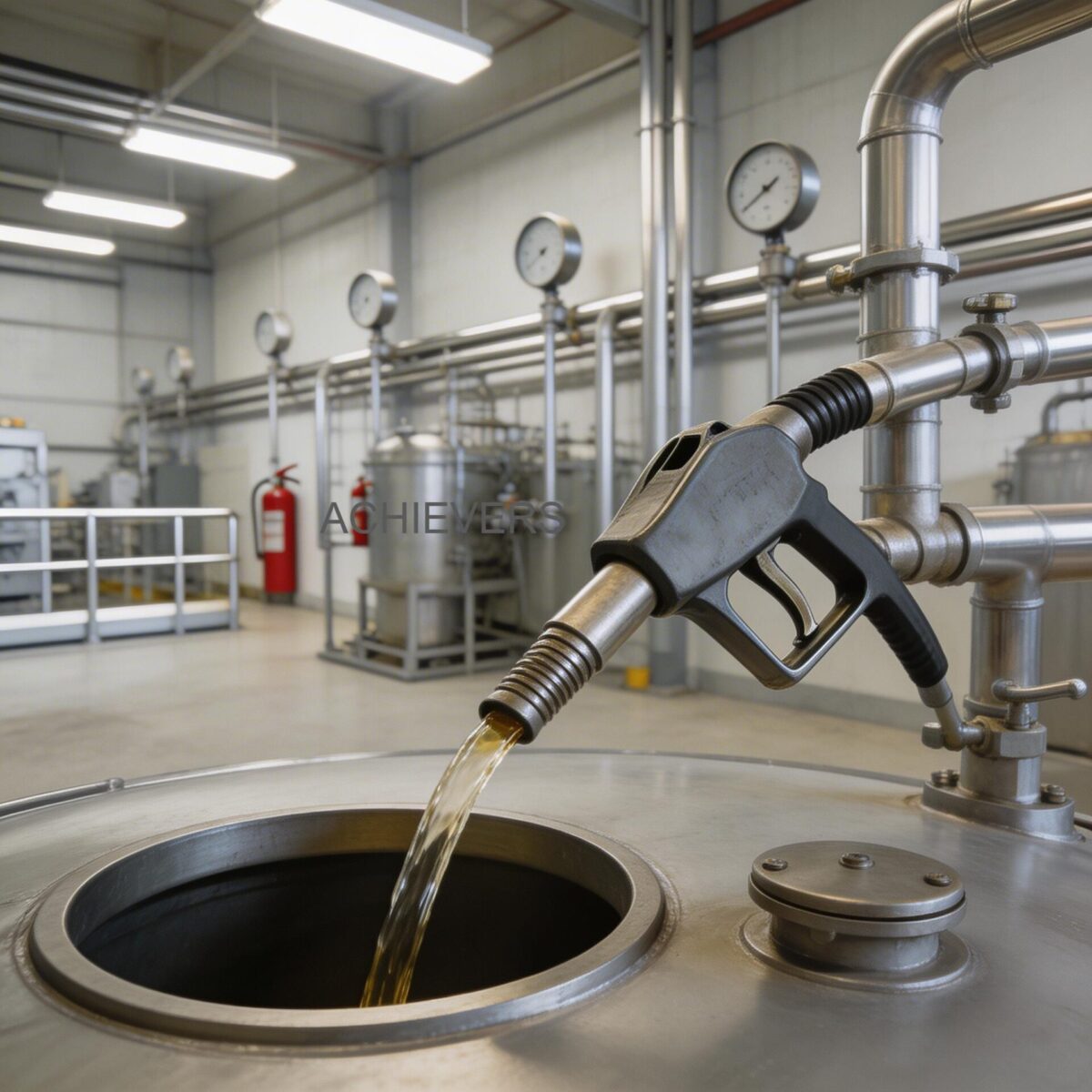 Operator utilizing an automatic shutoff dispensing nozzle to refuel a heavy commercial transport vehicle at an industrial logistics hub