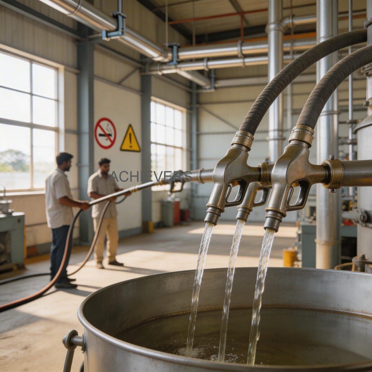 An industrial operator in PPE correctly utilizing an automatic fuel nozzle to dispense diesel into heavy construction machinery, highlighting proper hose alignment and swivel usage