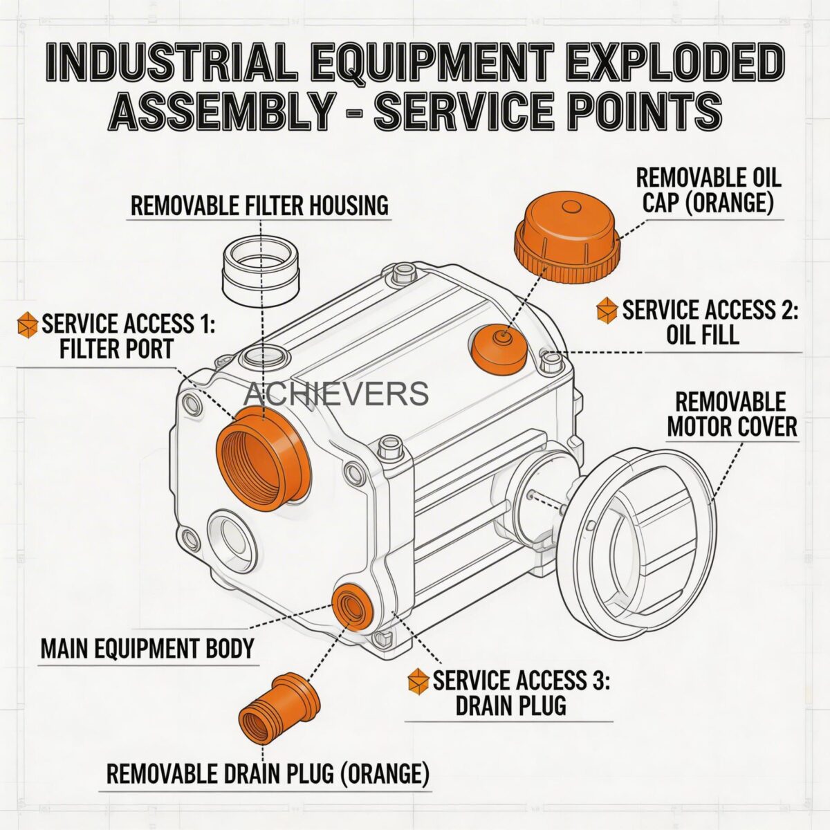Maintenance diagram or exploded view of Mobile Fuel Dispensers showing service access points for the 0.375 kW motor, primary strainer, and oval gear chamber