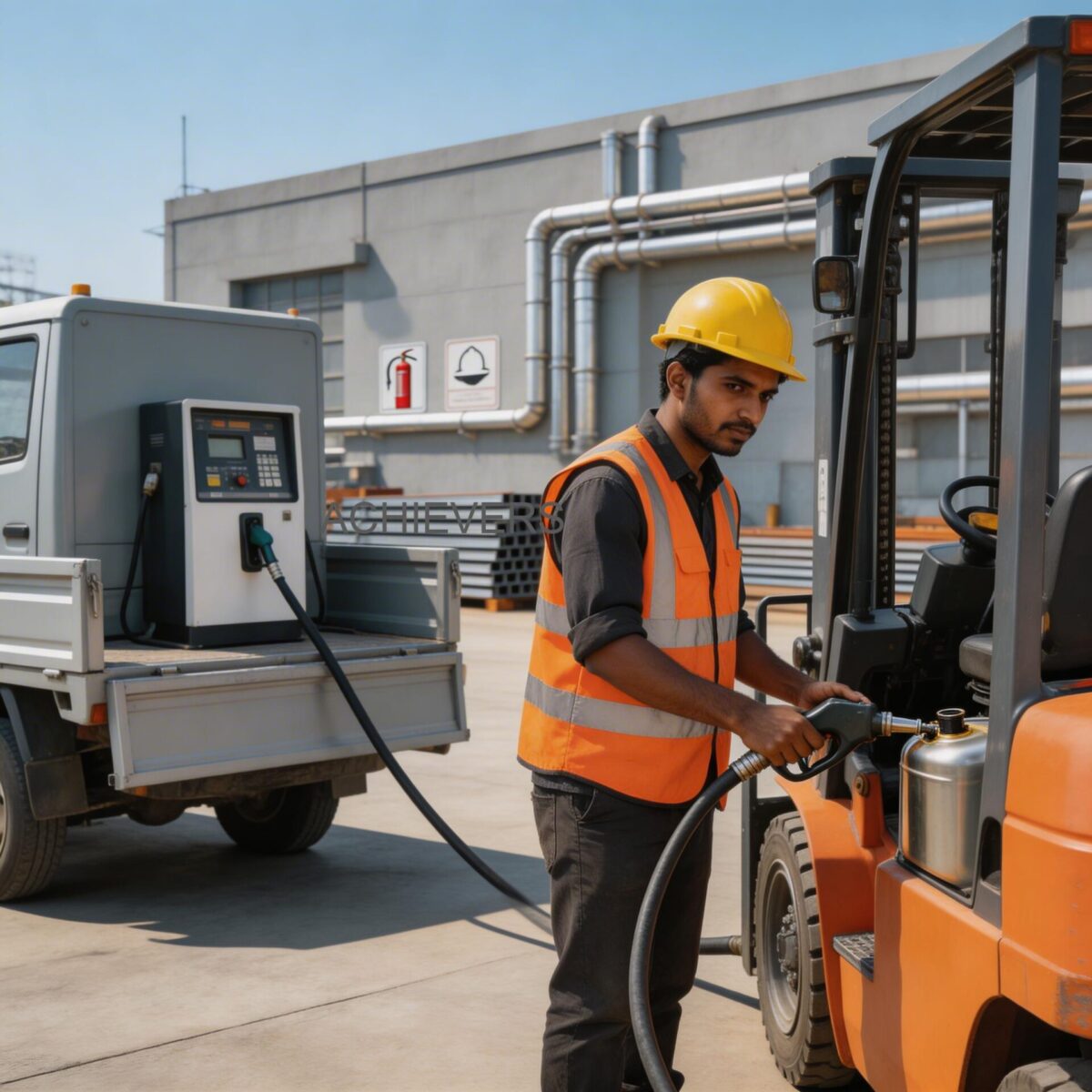 Mobile Fuel Dispensers operating productively at an Indian construction site refuelling earthmoving equipment, with proper housekeeping and shade protection