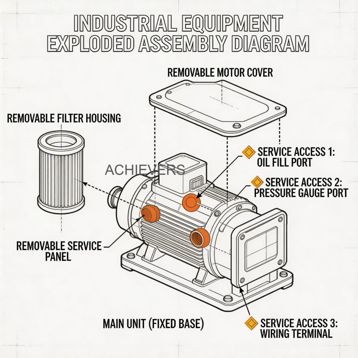Exploded view technical diagram of Diesel Flow Meters showing internal bearing placement, sealing surfaces, and recommended service access points