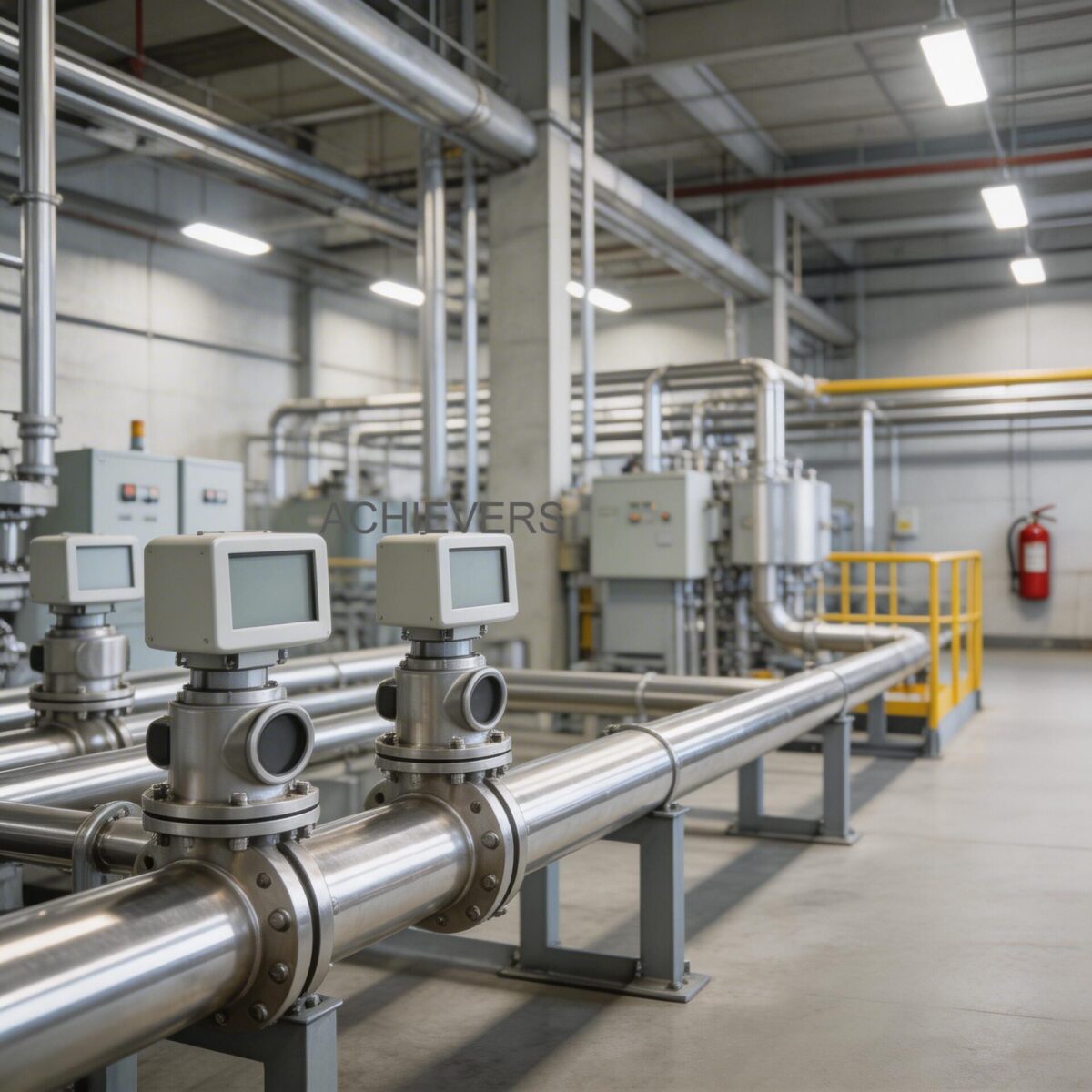 A well-maintained electromagnetic flow meter installed in a clean industrial processing facility, featuring proper grounding straps and straight pipe runs