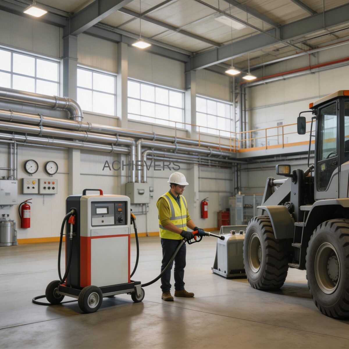 Mobile Diesel Dispensers installed at a harsh global industrial site with correct piping setup, showing the delivery hose and auto shut-off nozzle being utilized