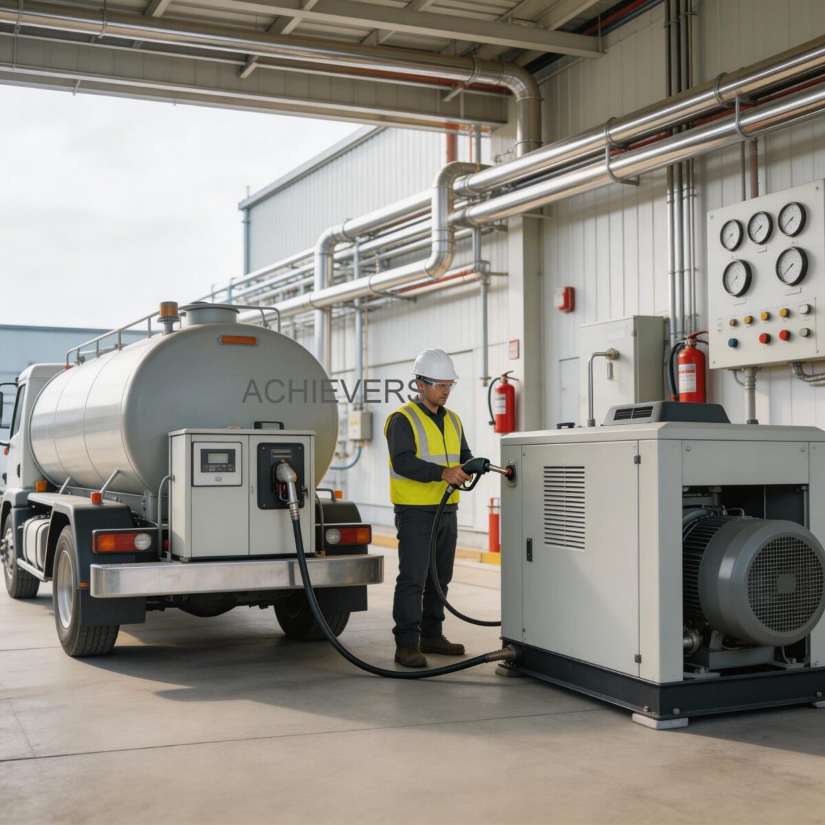Operator utilizing a portable diesel dispenser with an auto shut-off nozzle to refuel an excavator on a remote global infrastructure project
