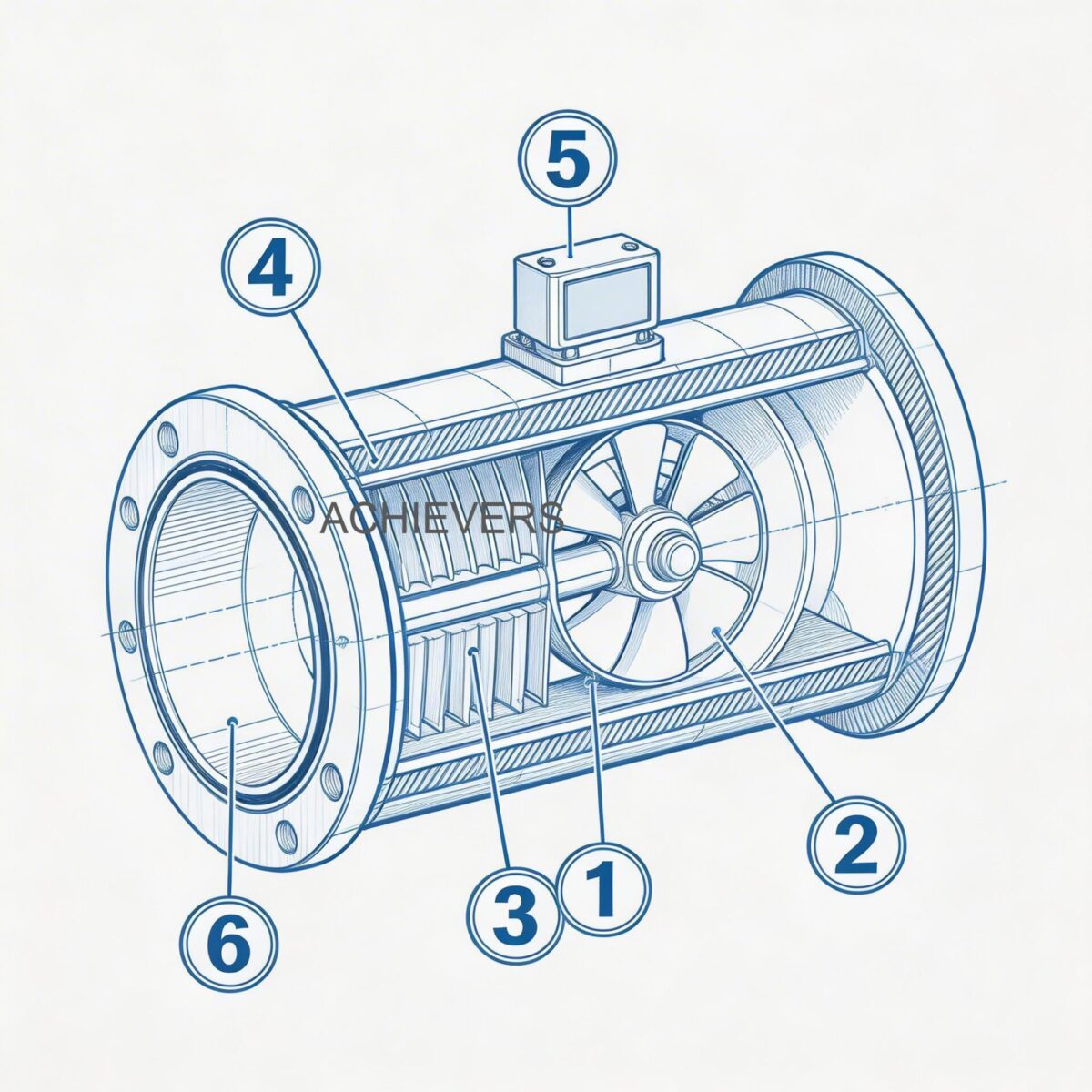 Schematic or cross-section of Oil Flow Meters showing internal flow path and component positions