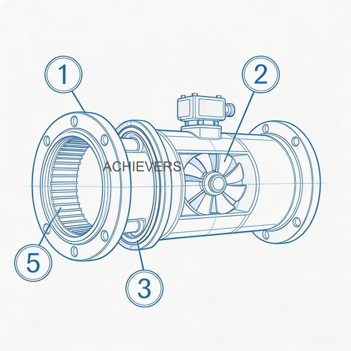 Schematic or cross-section of Positive Displacement Flow Meters showing internal flow path, measurement cavity, and component positions for maintenance