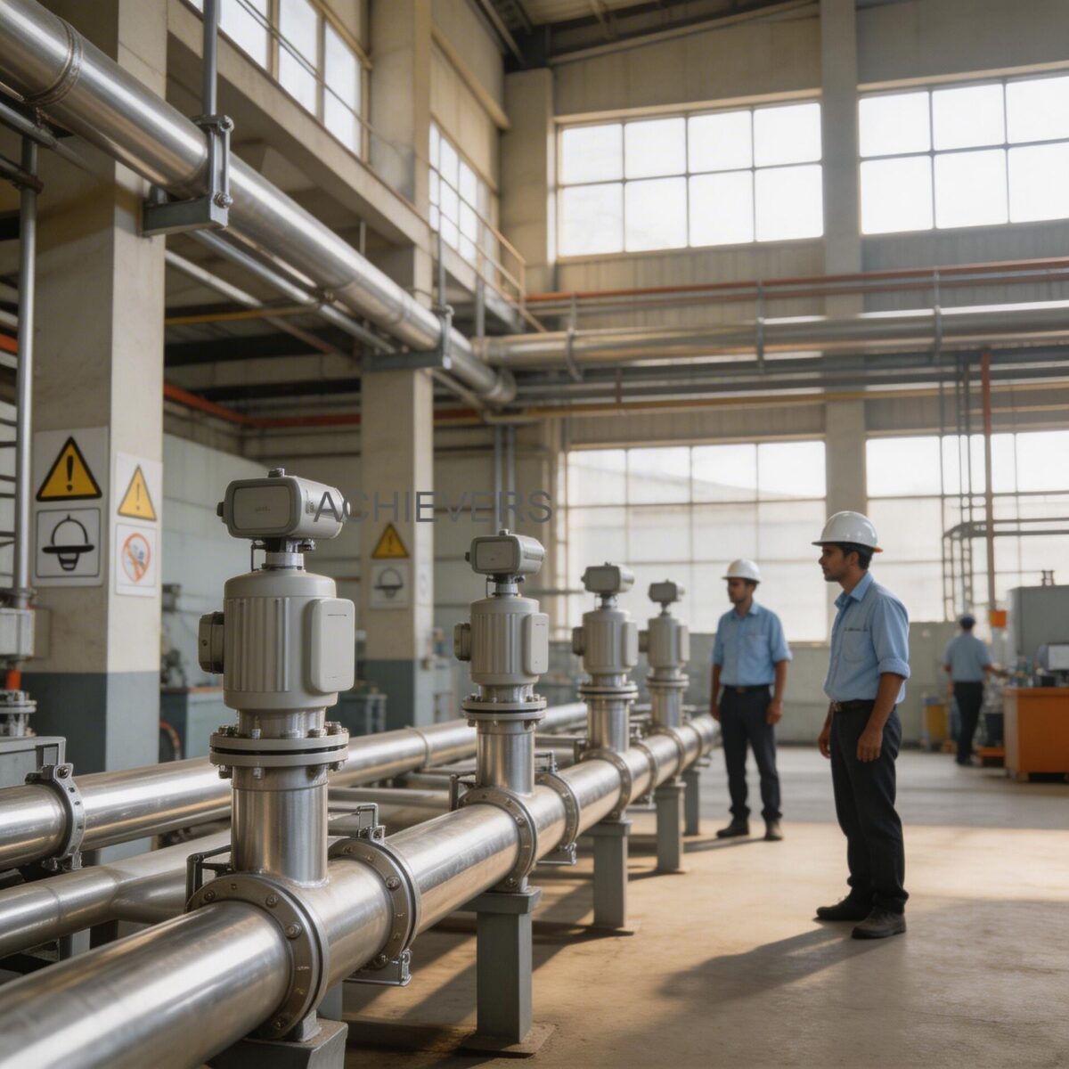 An instrumentation technician calibrating a Flanged Vortex Flow Meter on a steam utility line, checking the 24Vdc two-wire loop and Modbus connections