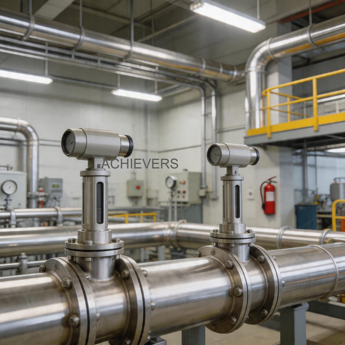 Well-maintained Vortex Flow Meters installation at a clean heavy industrial site showing proper straight pipe runs