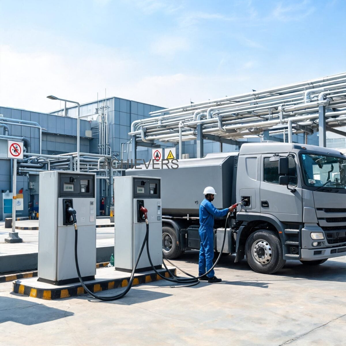 Plant operator utilizing an Achievers CE-202 220V AC diesel dispenser with mechanical meter to refuel a heavy-duty forklift inside a cement manufacturing plant
