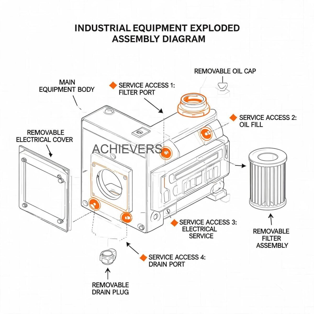 Maintenance diagram or exploded view of Diesel Dispensers showing service access points, filter removal pathways, and replaceable sealing components for routine inspection
