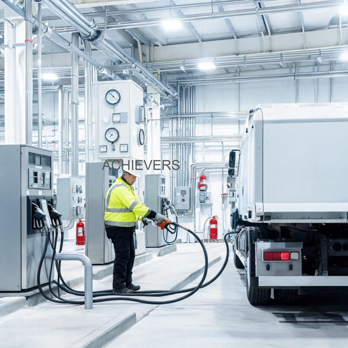 Diesel Dispensers operating productively at an industrial fleet refueling site with proper housekeeping, spill containment, and strict maintenance protocols in place