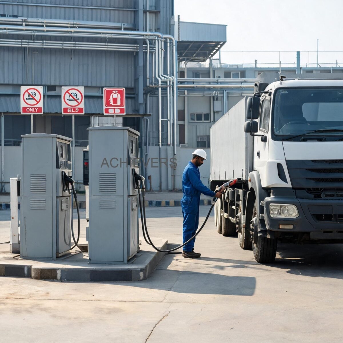 Well-maintained industrial diesel dispenser installation at an Indian mining site, mounted on a solid concrete plinth with overhead weather protection and standard safety signage
