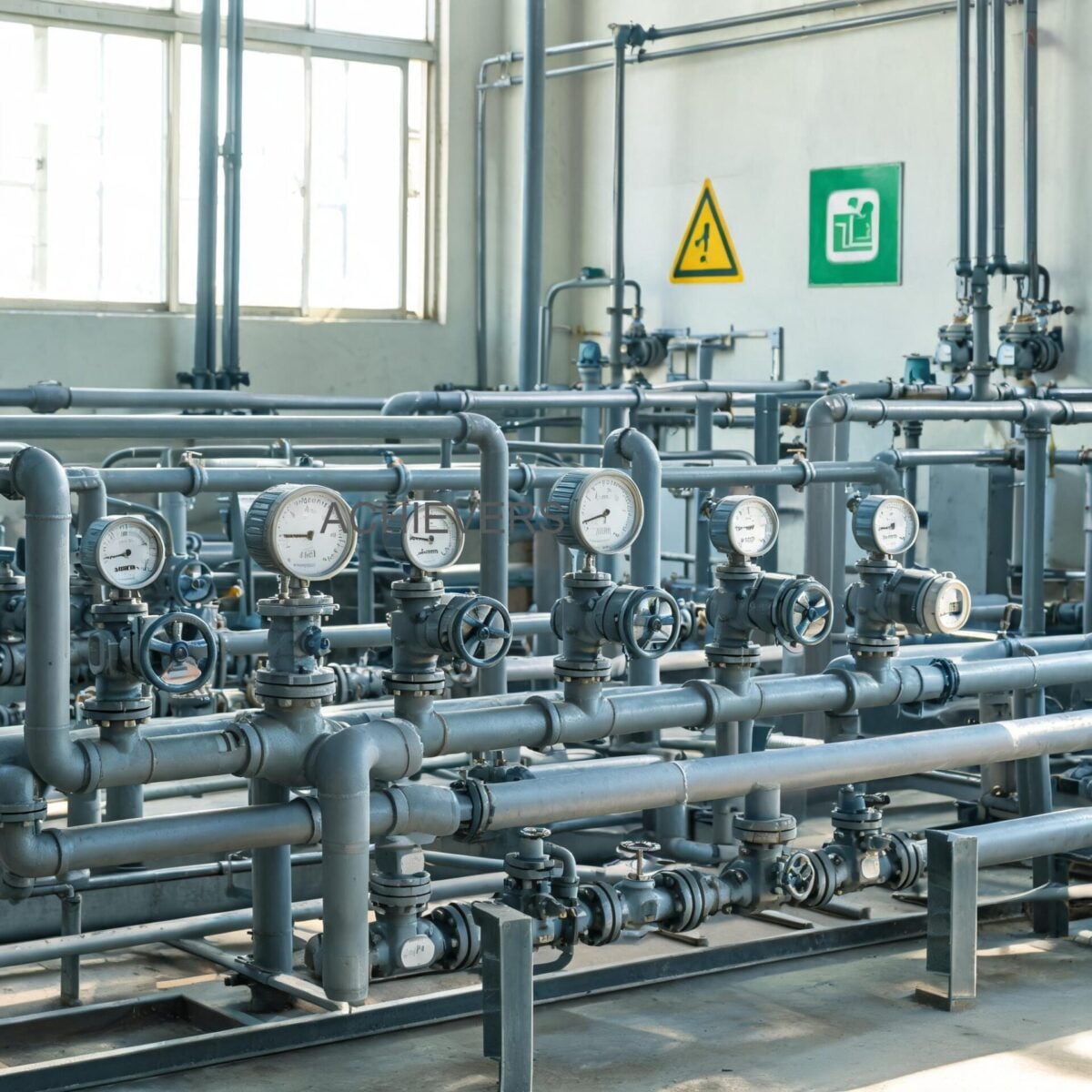 A perfectly installed Diesel Flow Meter at an Indian factory showing an upstream Y-strainer, air eliminator, isolation valves, and bypass piping on a concrete plinth