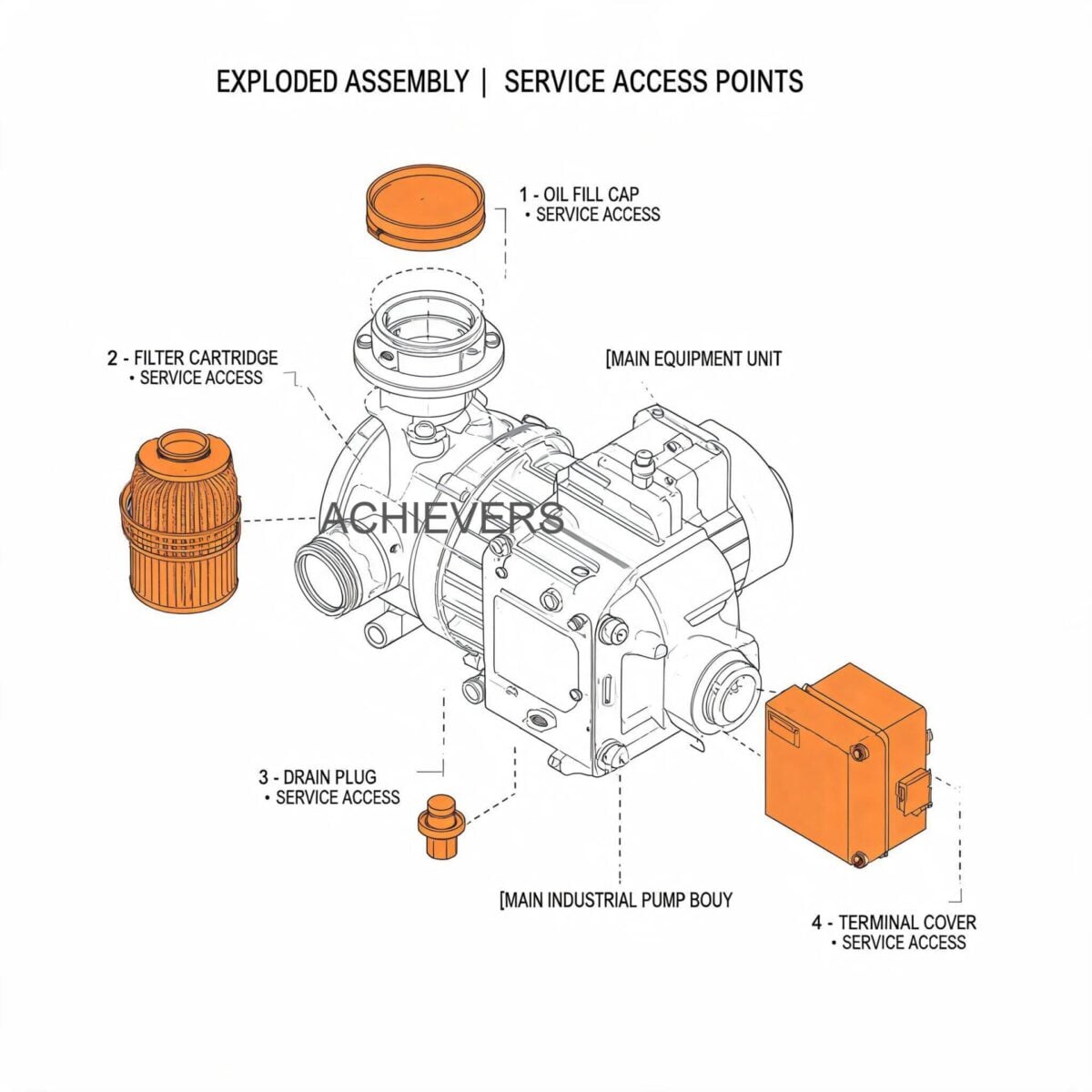 Exploded view diagram of a vortex flow meter showing service access points, sensor isolation valves, and replaceable flange gaskets