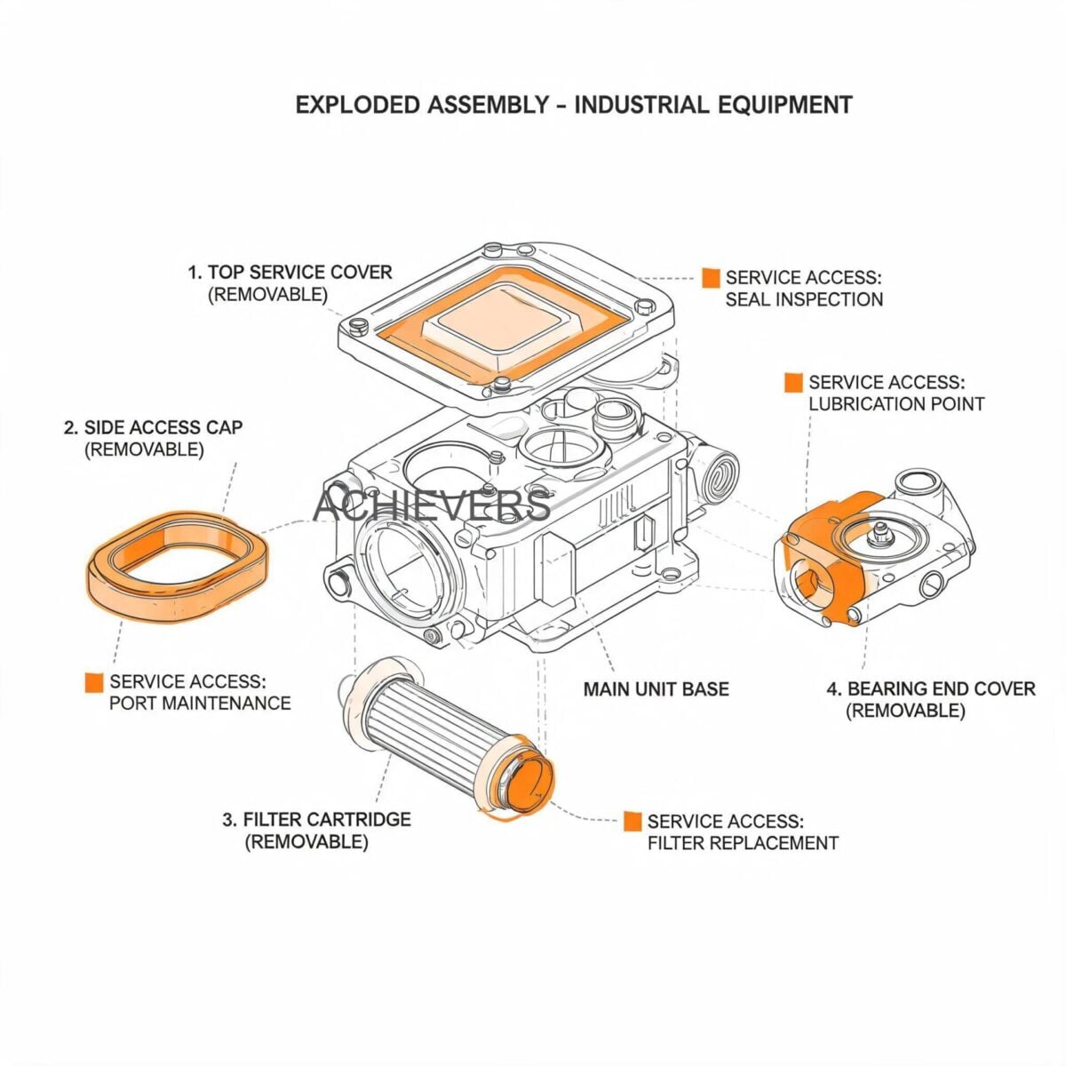 Exploded view of Vortex Flow Meters showing service access points, sealing gaskets, piezoelectric sensor housing, and replaceable electronics modules