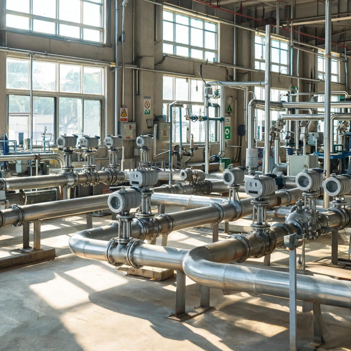 Vortex flow meters operating productively on a high-pressure steam utility line at an Indian pharmaceutical plant, demonstrating proper lagging and pipeline housekeeping