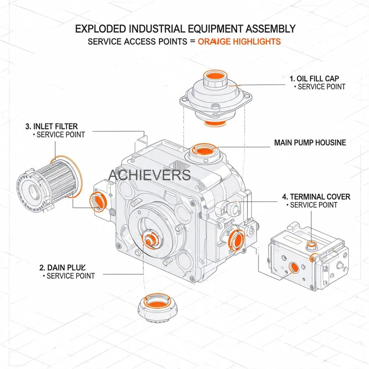Exploded diagram of a Positive Displacement Diesel Flow Meter indicating the location of the Y-strainer, air eliminator, internal rotors, and main bearing access points for maintenance