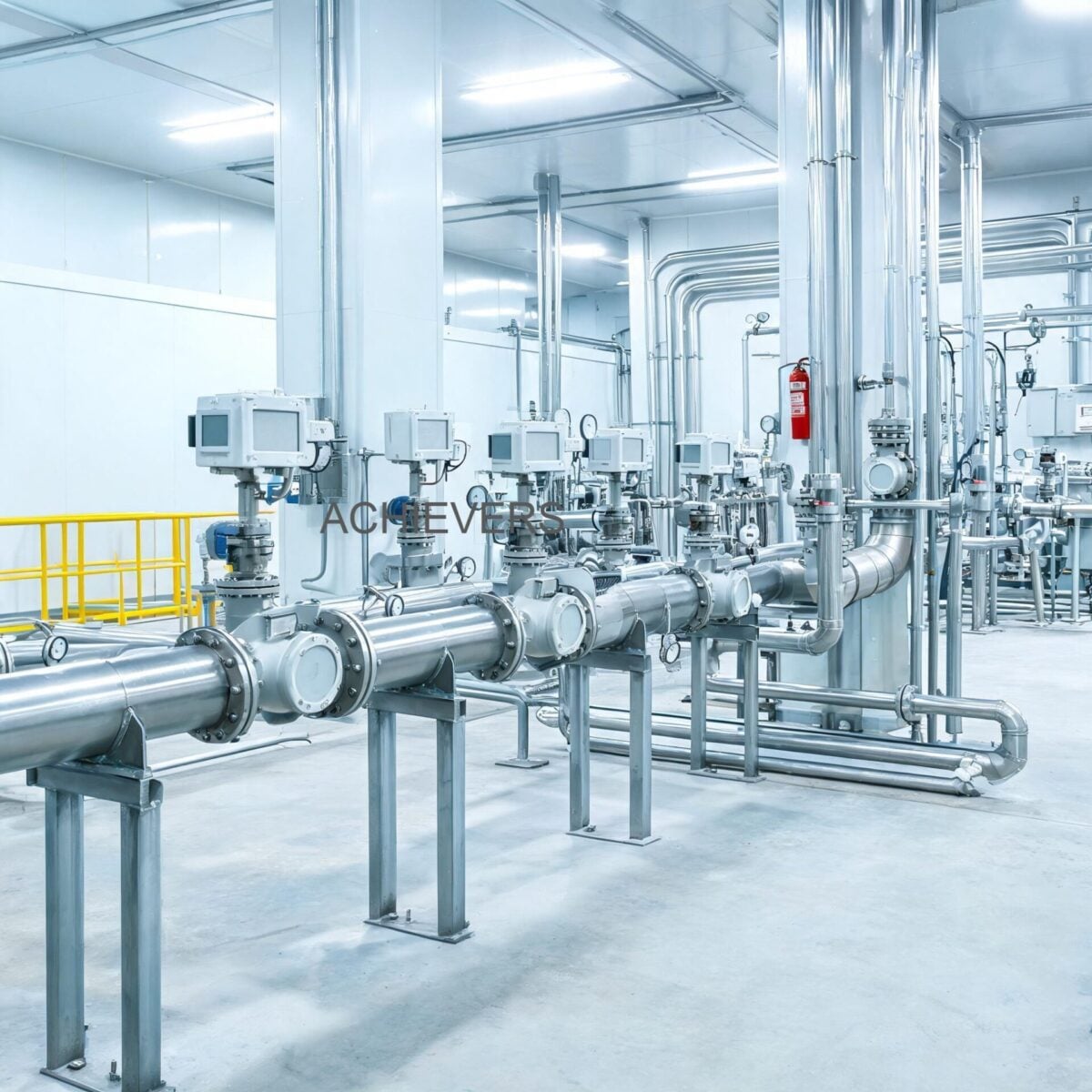 Electromagnetic flow meter heavily integrated into a complex industrial plant processing facility, showcasing robust flanged installations in a rugged environment