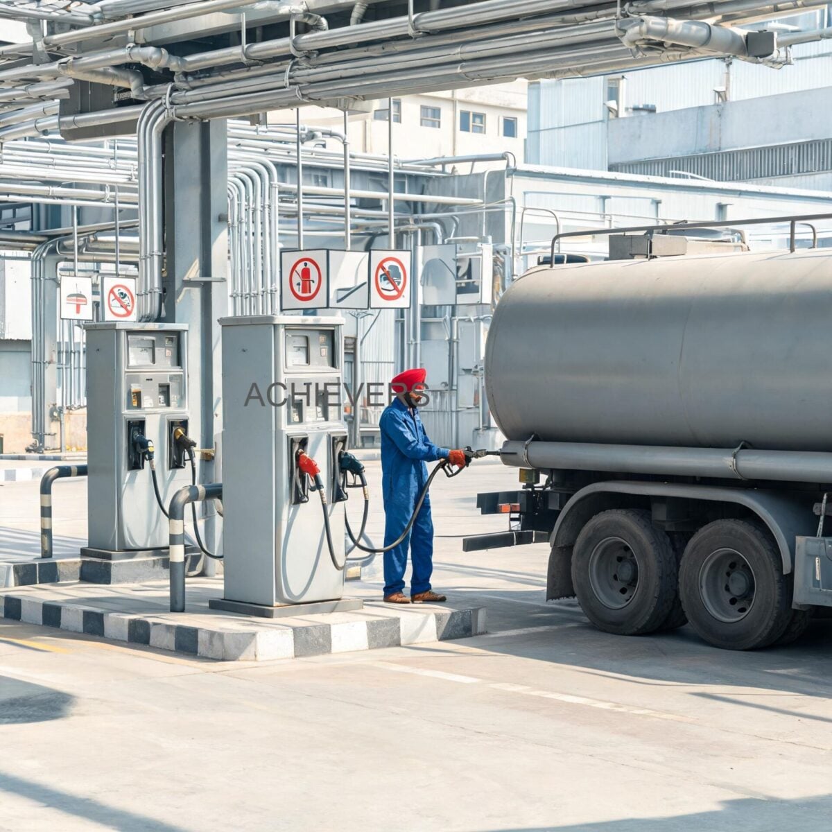 A well-maintained Achievers commercial fuel dispenser installed on a raised concrete plinth at an Indian mining facility, featuring proper canopy shading, dedicated electrical grounding, and secondary containment spill bunds
