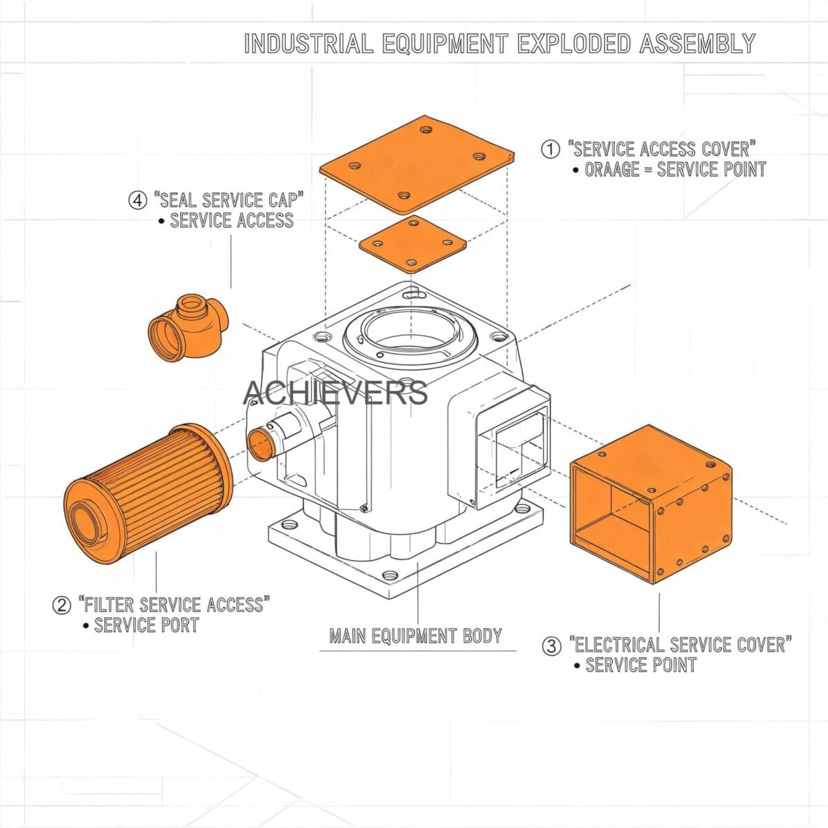 Maintenance diagram or exploded view of Oil Flow Meters showing service access points, DIN ND10 flanged connections, bypass lines, and replaceable rotary components